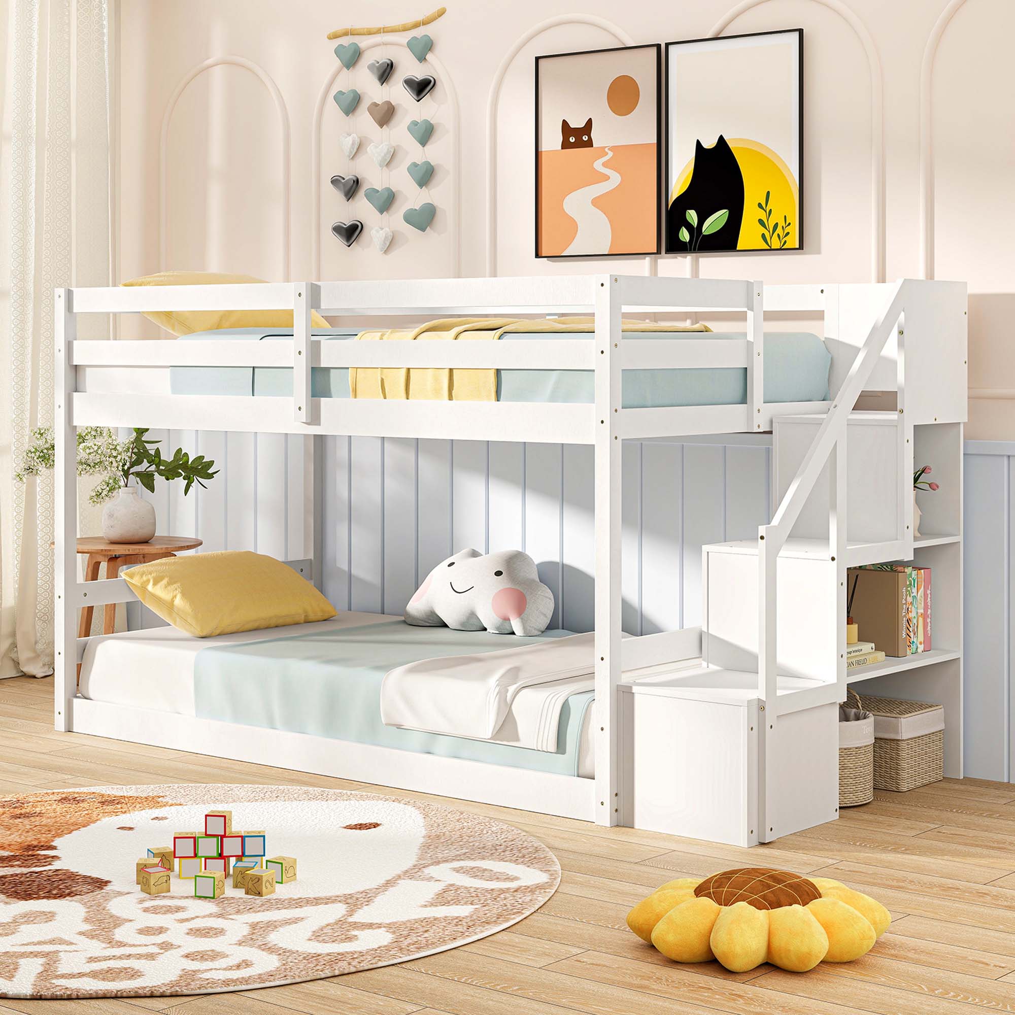 Alt View 1. Costway - Costway Twin Over Twin Low Bunk Bed Solid Wood Floor Bunk Bed Frame with Storage Stairs - White.