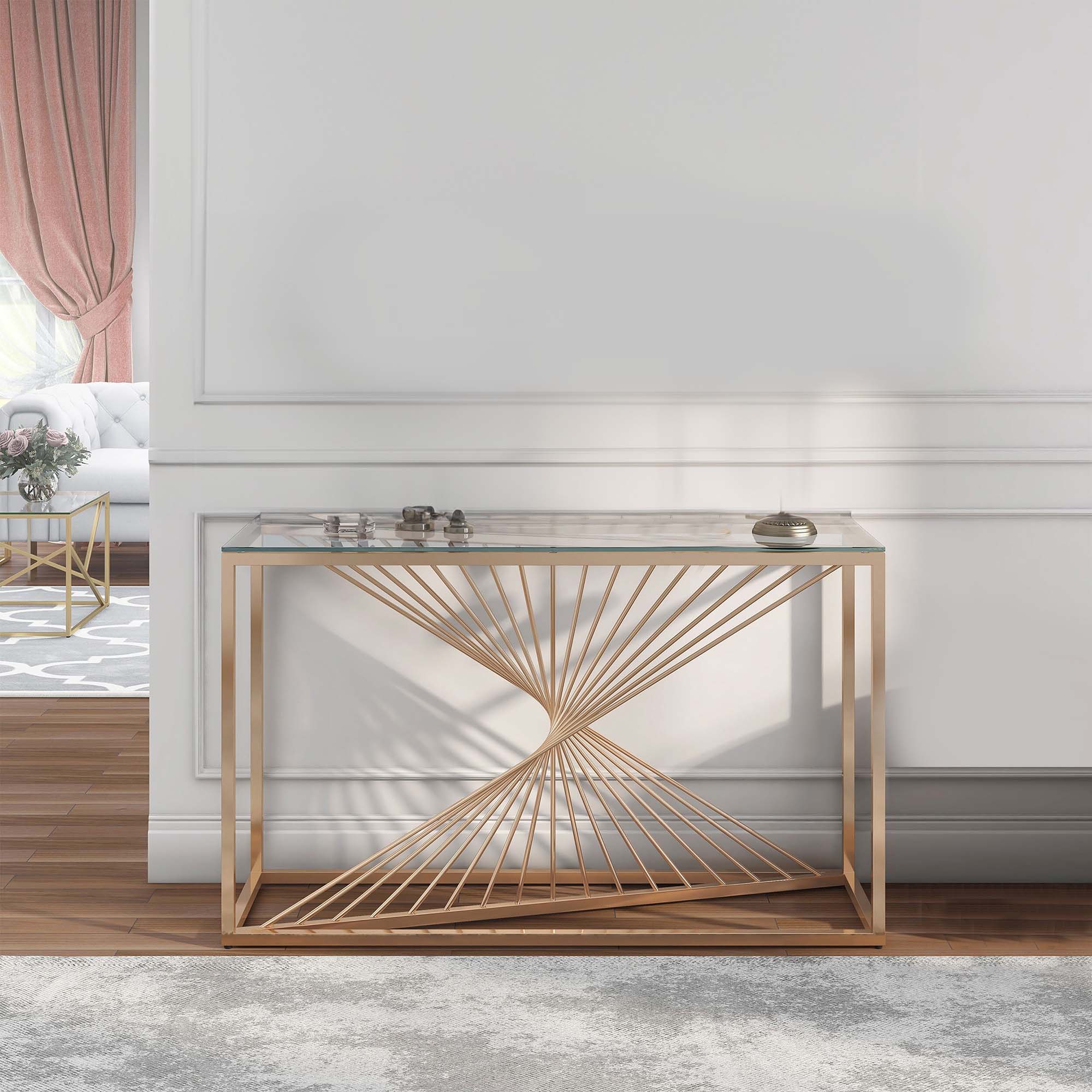 Alt View 5. Manhattan Lane - Glen 47 Inch Sofa Console Table, Tempered Glass Top, Twisted Slatted Design - Gold.