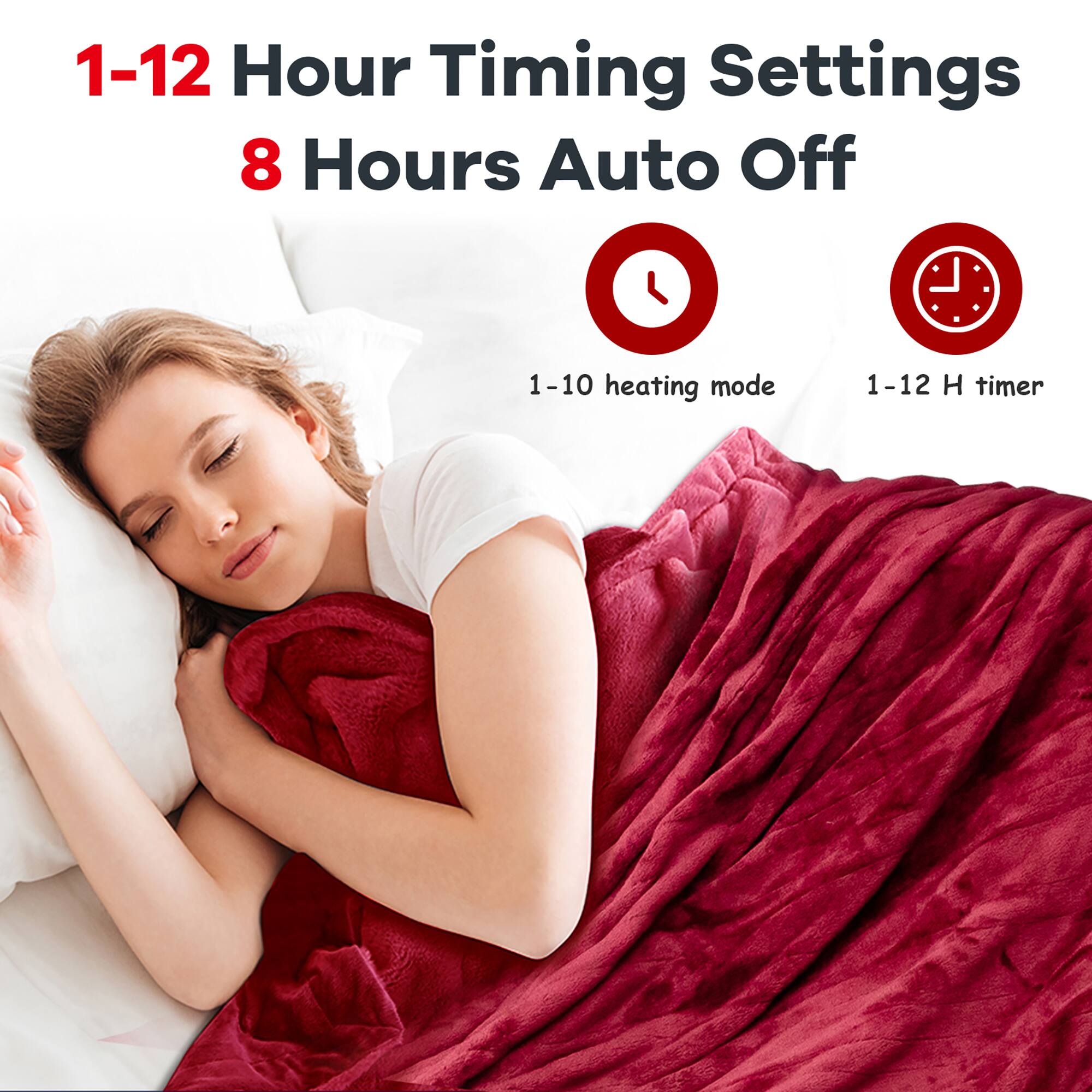 1-12 Hour Timing Settings: 8 Hours Auto Off, 1-10 heating mode, 1-12 H timer.