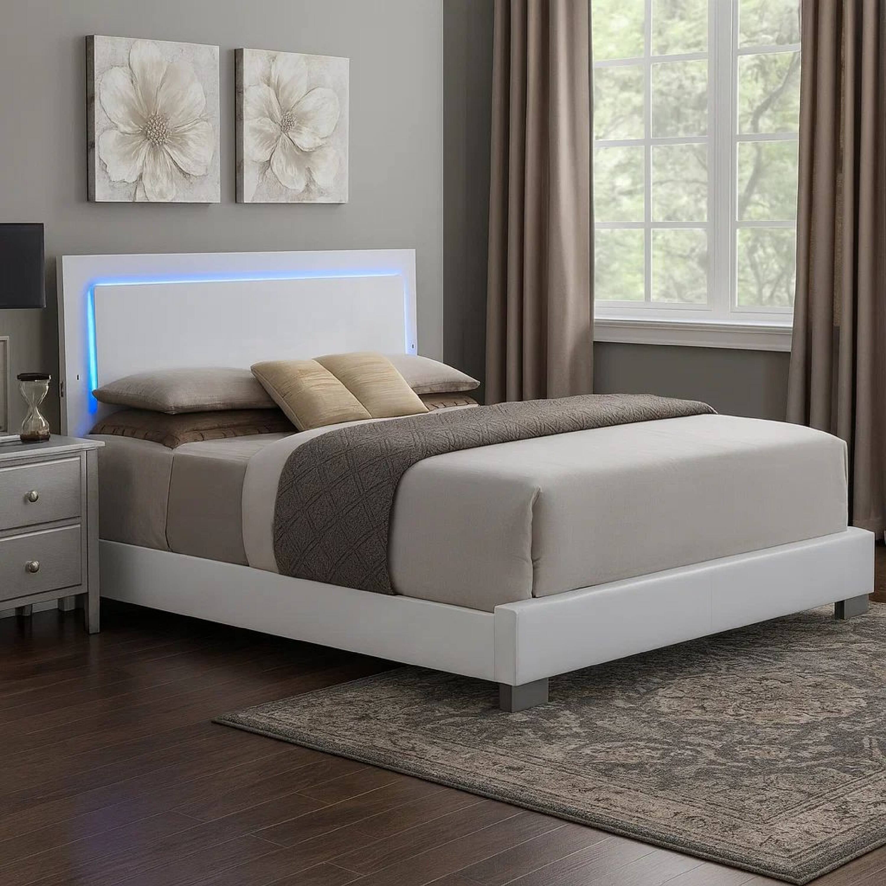 Alt View 5. Manhattan Lane - Sok Queen Panel Bed with LED Headboard, Low Profile Footboard - White.