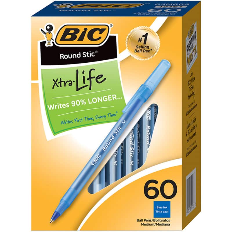 BIC - Round Stic Xtra Life Ball Pen, Blue, Pack of 60