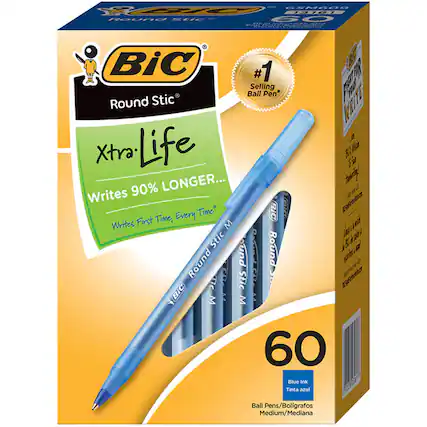 GSMG00 AU Foune REIE BiC #1 Selling Ball Pen* Round Stic A J Xtra Life B3 90% LONGER... Writes Time, Every Time BIC Writes First M Stic puna K Round 5d Round h C S Stic S BIC M MA M o 60 Blue Ink Tinta azul Ball Pens/Bolígrafos Medium/Mediana