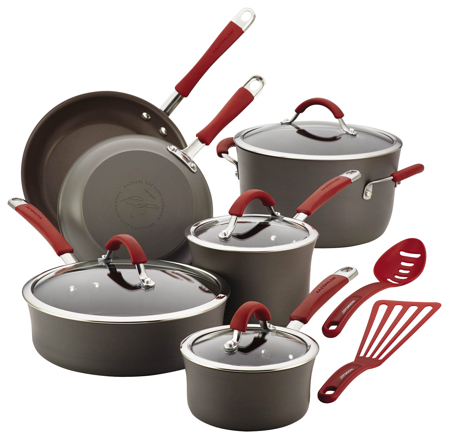 Angle View: Rachael Ray - Cucina 12-Piece Cookware Set - Gray/Cranberry Red