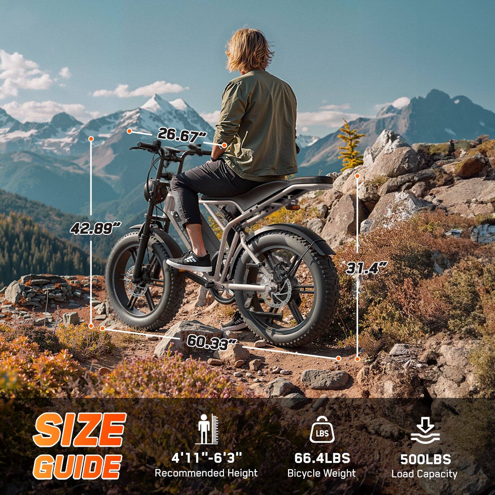 26.67"  
42.89"  
31.4"  
60.33"  

SIZE  
4'11"-6'3"  
Recommended Height  

66.4LBS  
Bicycle Weight  

500LBS  
Load Capacity