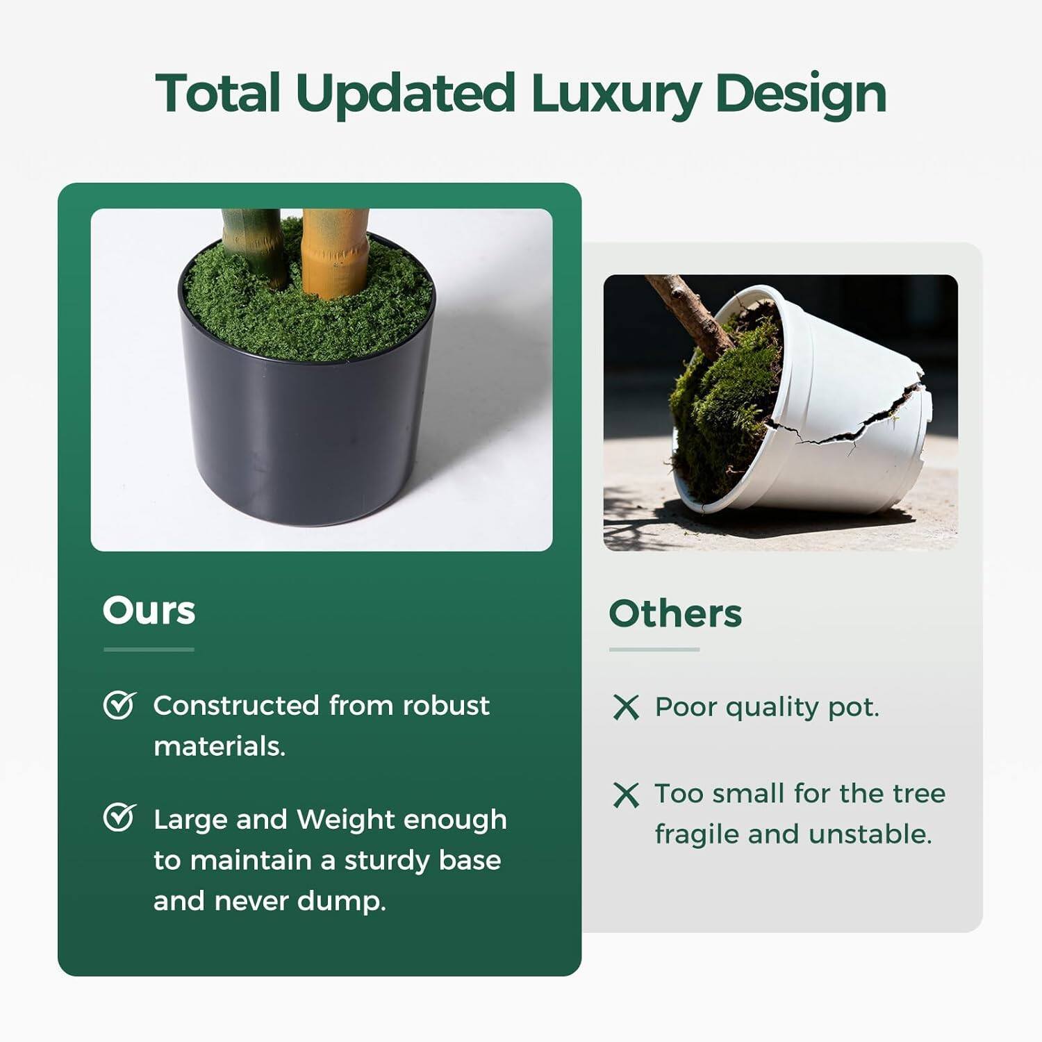 Total Updated Luxury Design

Ours
- Constructed from robust materials.
- Large and Weight enough to maintain a sturdy base and never dump.

Others
- Poor quality pot.
- Too small for the tree, fragile and unstable.