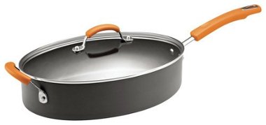 Rachael Ray - Hard-Anodized Oval Sauté Pan Nonstick with Lid, 5-Quart, Gray and Orange - Gray with Orange Handles - Angle_Zoom