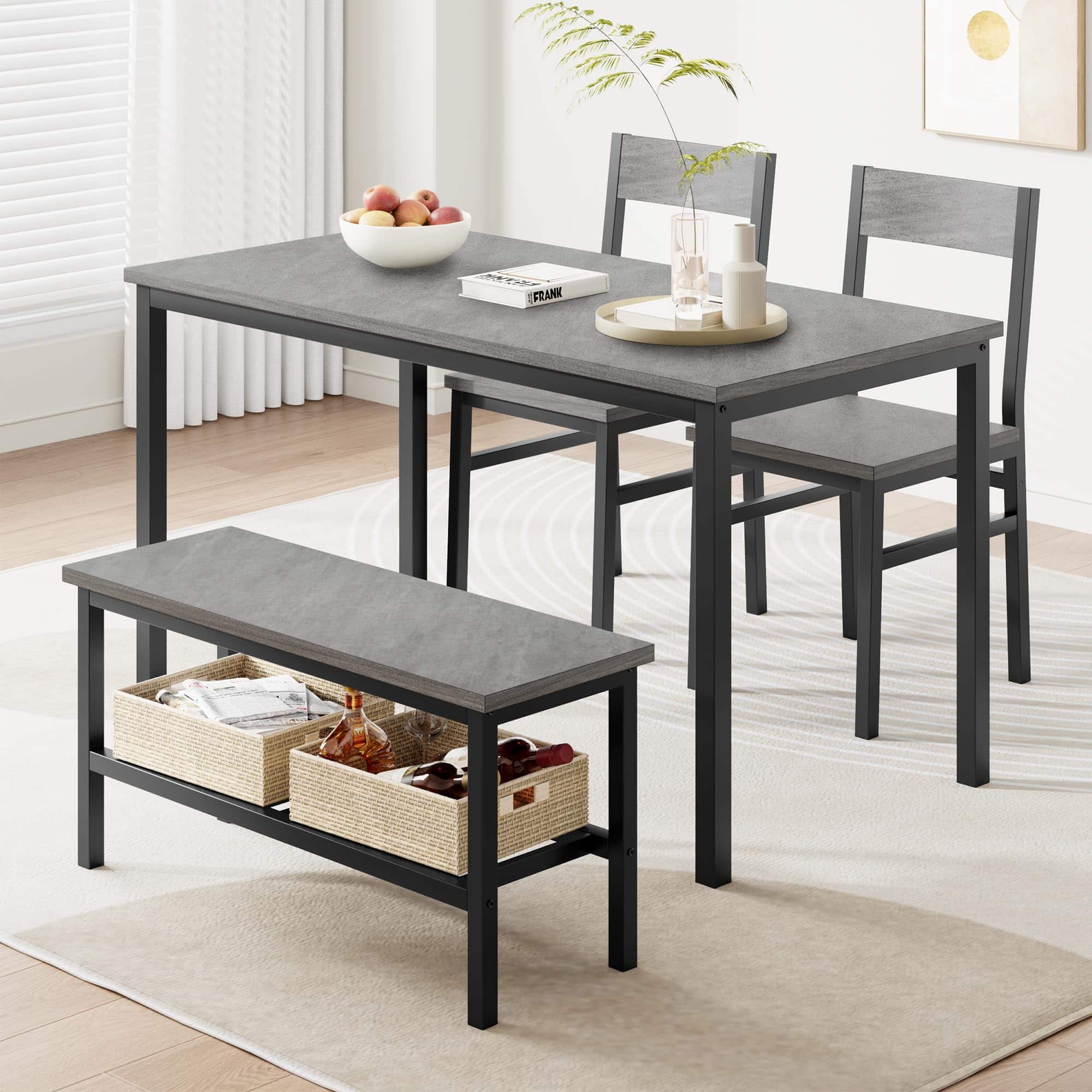 Homhougo - Dining Table Set for 4, Modern Kitchen Table with Chairs and Bench - Gray