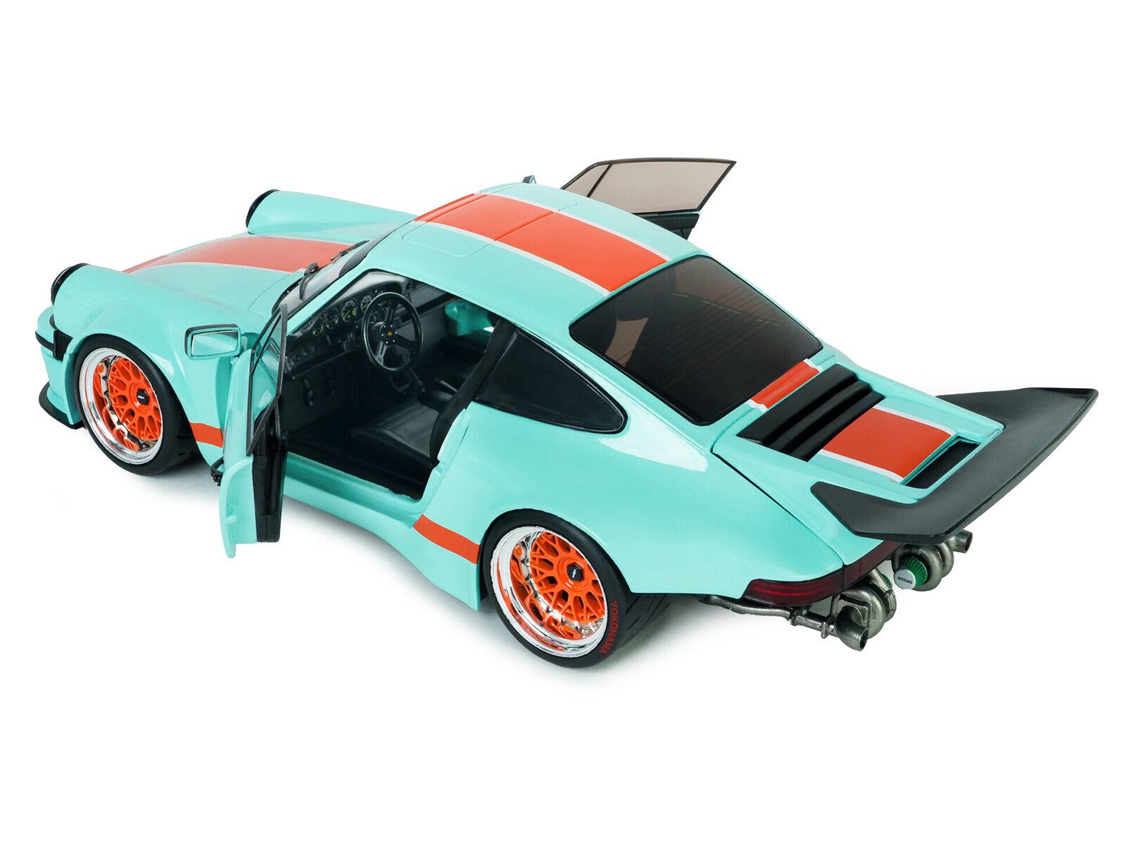 Alt View 3. Solido - 2025 Porsche 911 KS-R by Khyzyl Saleem "Blue Racer" Light Blue with Orange Stripes 1/18 Diecast Model Car by Solido.