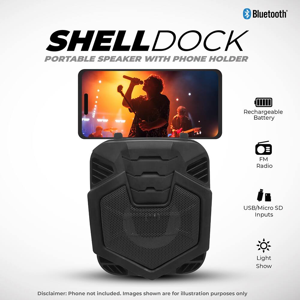 Bluetooth SHELLDOCK PORTABLE SPEAKER WITH PHONE HOLDER

- Rechargeable Battery
- FM Radio
- USB/Micro SD Inputs
- Light Show

Disclaimer: Phone not included. Images shown are for illustration purposes only