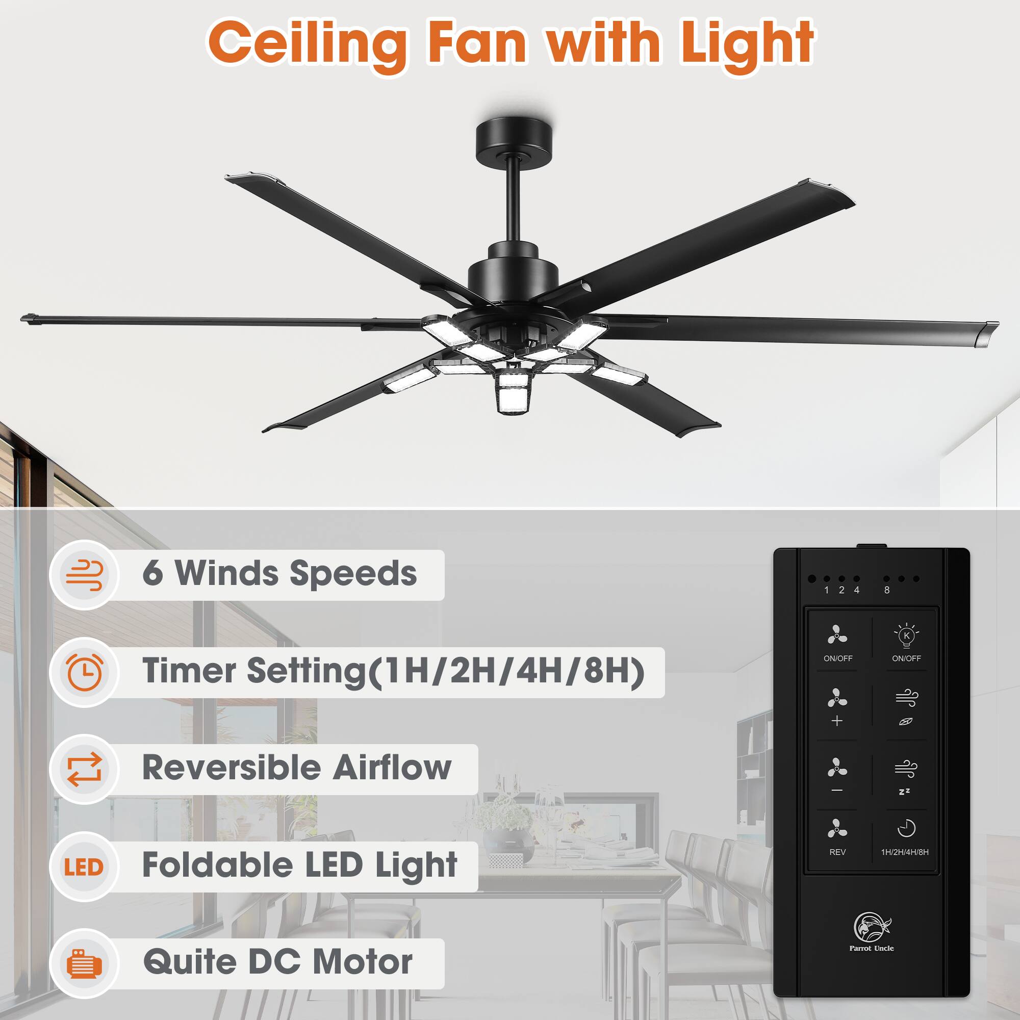 Ceiling Fan with Light

- 6 Winds Speeds
- Timer Setting (1H/2H/4H/8H)
- Reversible Airflow
- Foldable LED Light
- Quite DC Motor