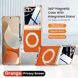 Dteck - For Motorola Razr (2026/2025/2024) Rugged Magnetic Case Built-in Screen Protector , Ring Kickstand Hinge Protect Cover - Orange(Privacy Film)