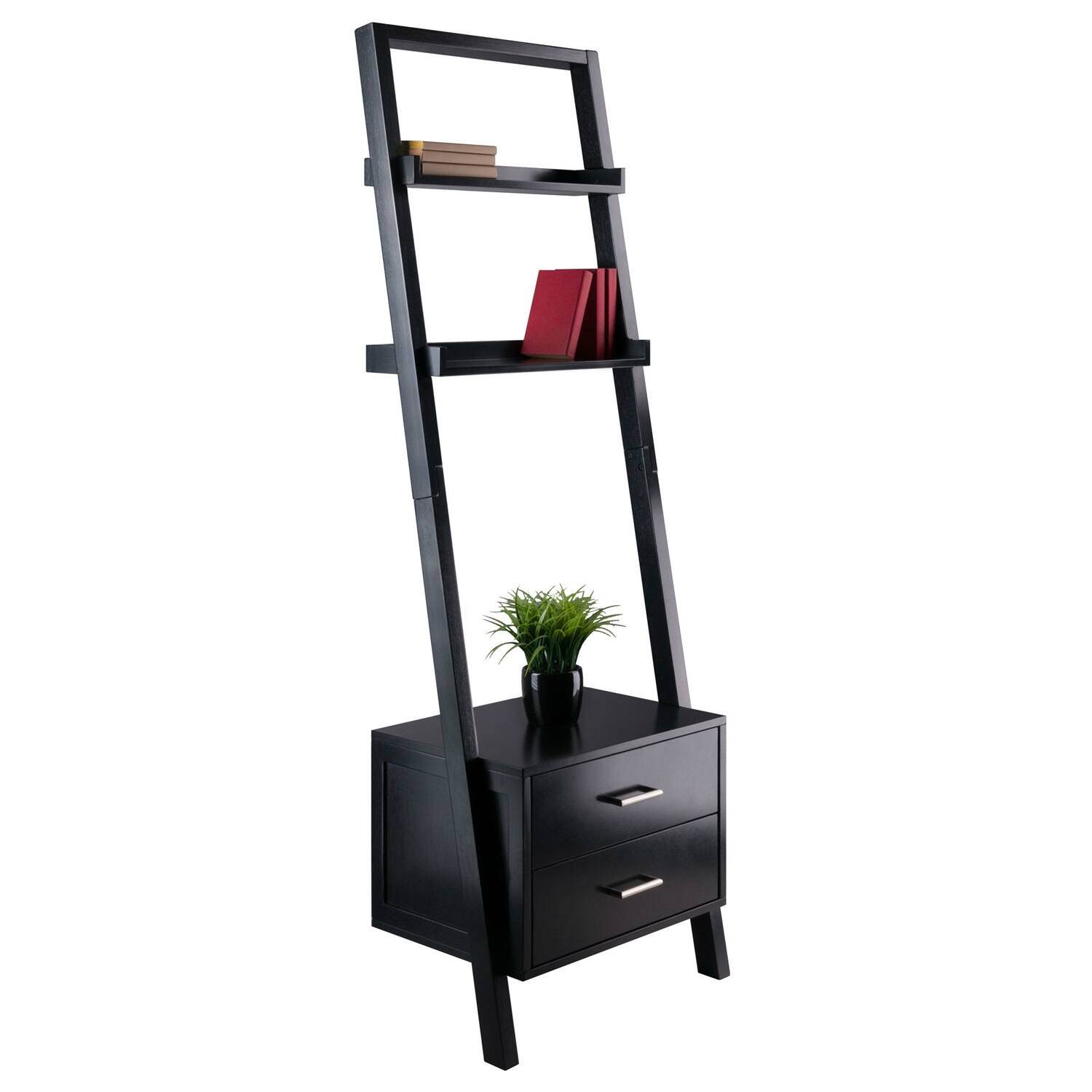 Hivvago - Modern 2 Drawer Entryway Shelf Leaning Ladder Bookshelf Bookcase - Black
