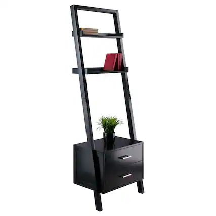 Front. Hivvago - Modern Black 2 Drawer Entryway Shelf Leaning Ladder Bookshelf Bookcase - Black.