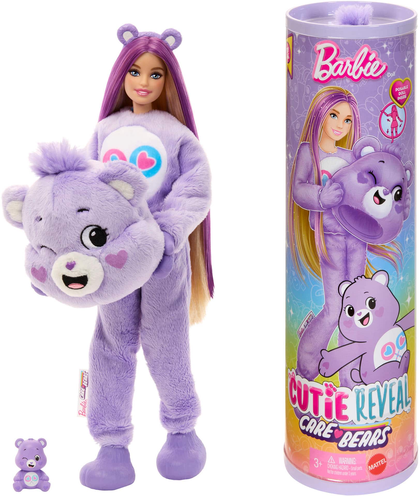 Barbie doll is wearing a purple outfit and holding a purple teddy bear. The doll is part of the Cute Reveal Care Bears collection. The doll is designed for children aged 3+ and comes with a warning to avoid choking hazards.