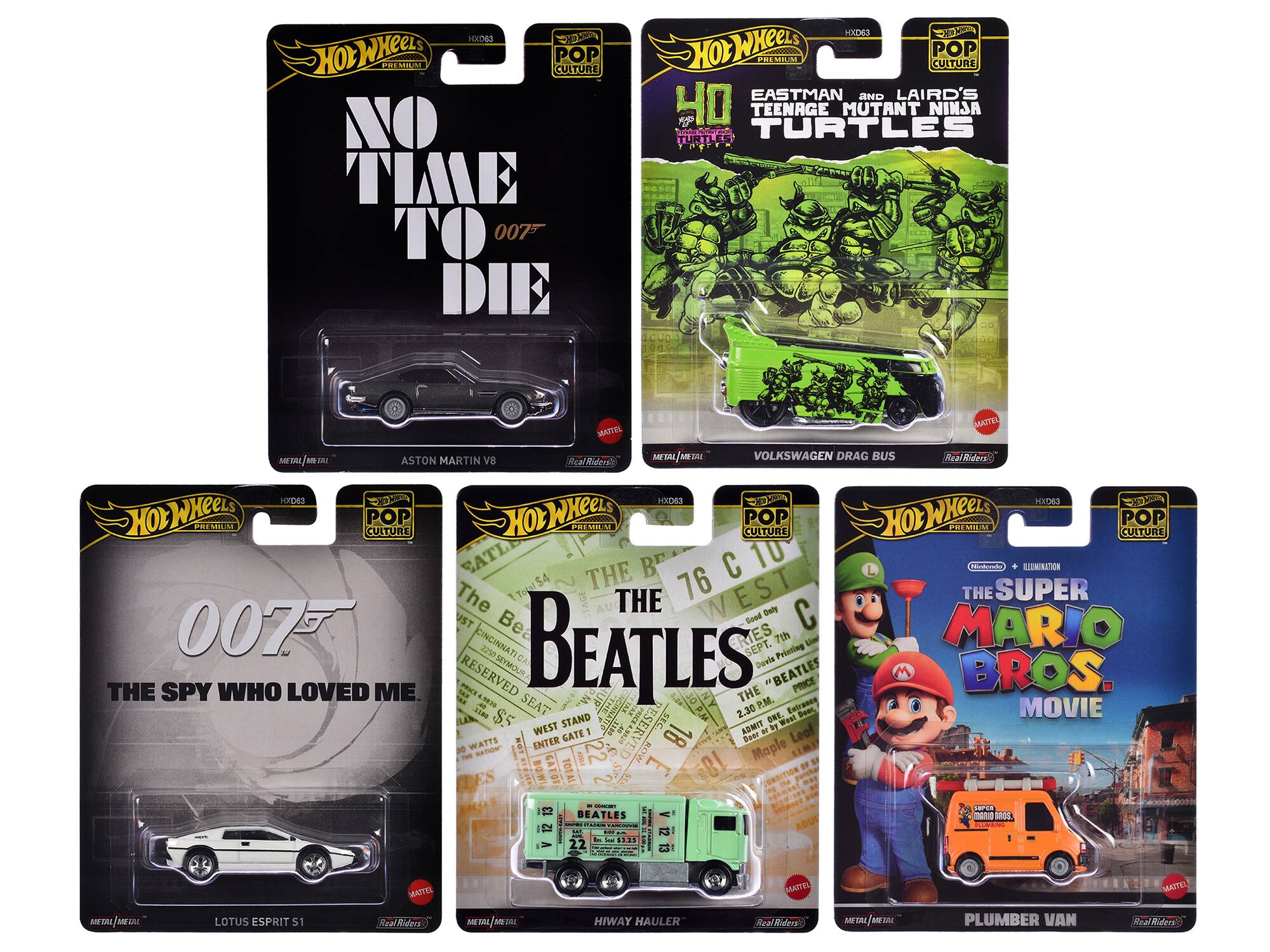 "Pop Culture 2024" 5 piece Set D "Premium Series" Diecast Model Cars by Hot Wheels - Multicolor