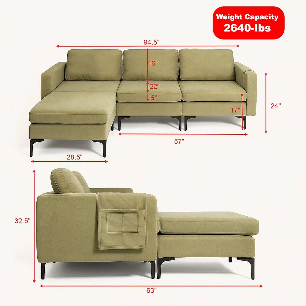 Left. Hivvago - Modular 3-Seater L-Shaped Sectional Couch with Reversible Chaise and Dual USB Charging Ports - Green.
