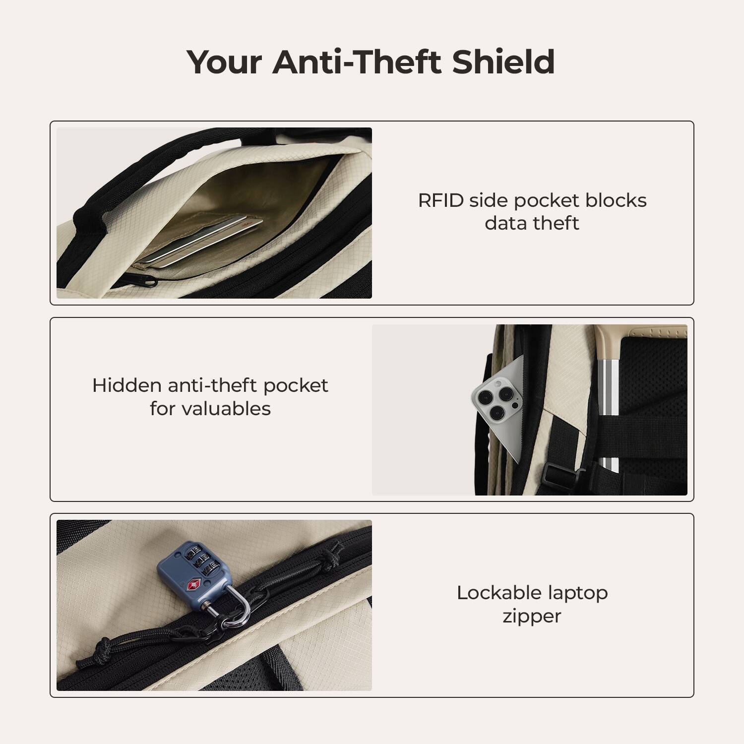 Your Anti-Theft Shield

RFID side pocket blocks data theft

Hidden anti-theft pocket for valuables

Lockable laptop zipper