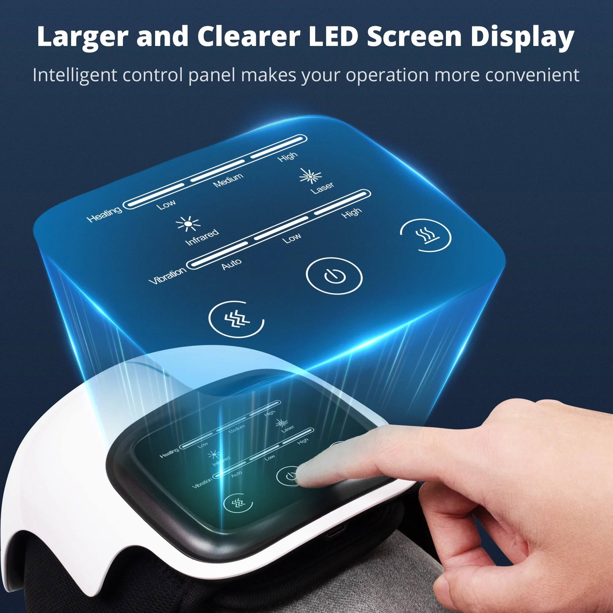 Larger and Clearer LED Screen Display  
Intelligent control panel makes your operation more convenient  

- Heating: Low, Medium, High  
- Infrared: Low, High  
- Laser: Low, High  
- Vibration: Auto  
- Power: On/Off  

SSS  
Unken  
LON  
Hloodiny  
V Pudts  
Vtrattion  
Mgn  
Uter  
Mgh LePe