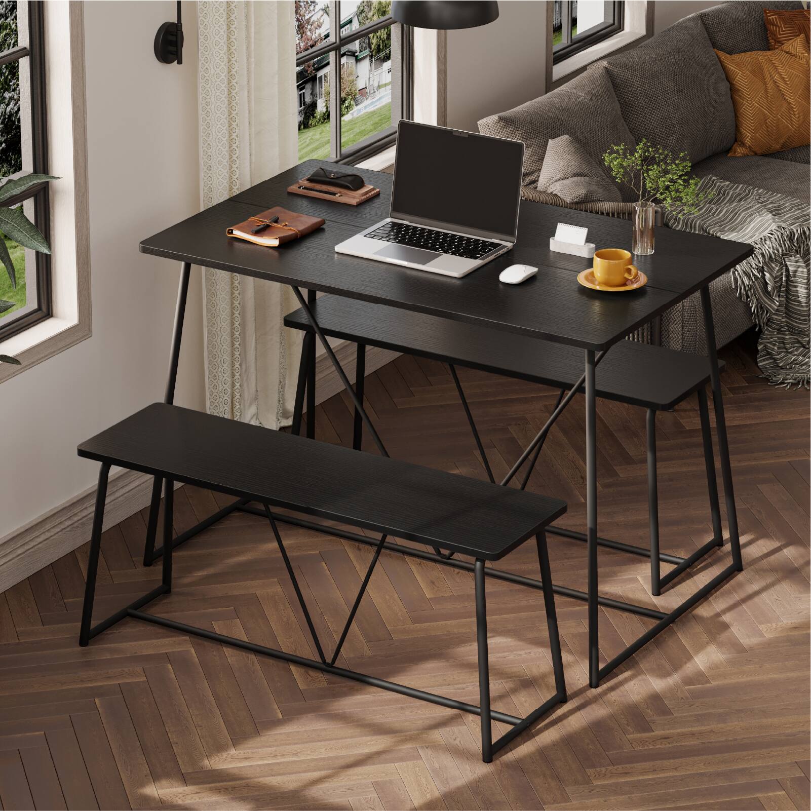 Alt View 1. Bestier - 47.5 inch Wood Dining Table Set for 4, Kitchen Table with Reinforced Metal Frame, Waterproof  Nook Set for Small Spaces - Black.