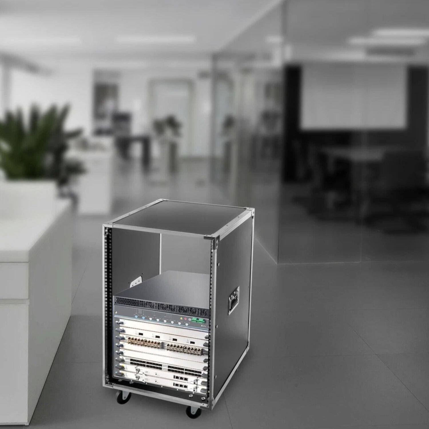 Left. Stock Preferred - 19-Inch 16U Rolling Open Frame Server Rack Cabinet with Casters - Black.