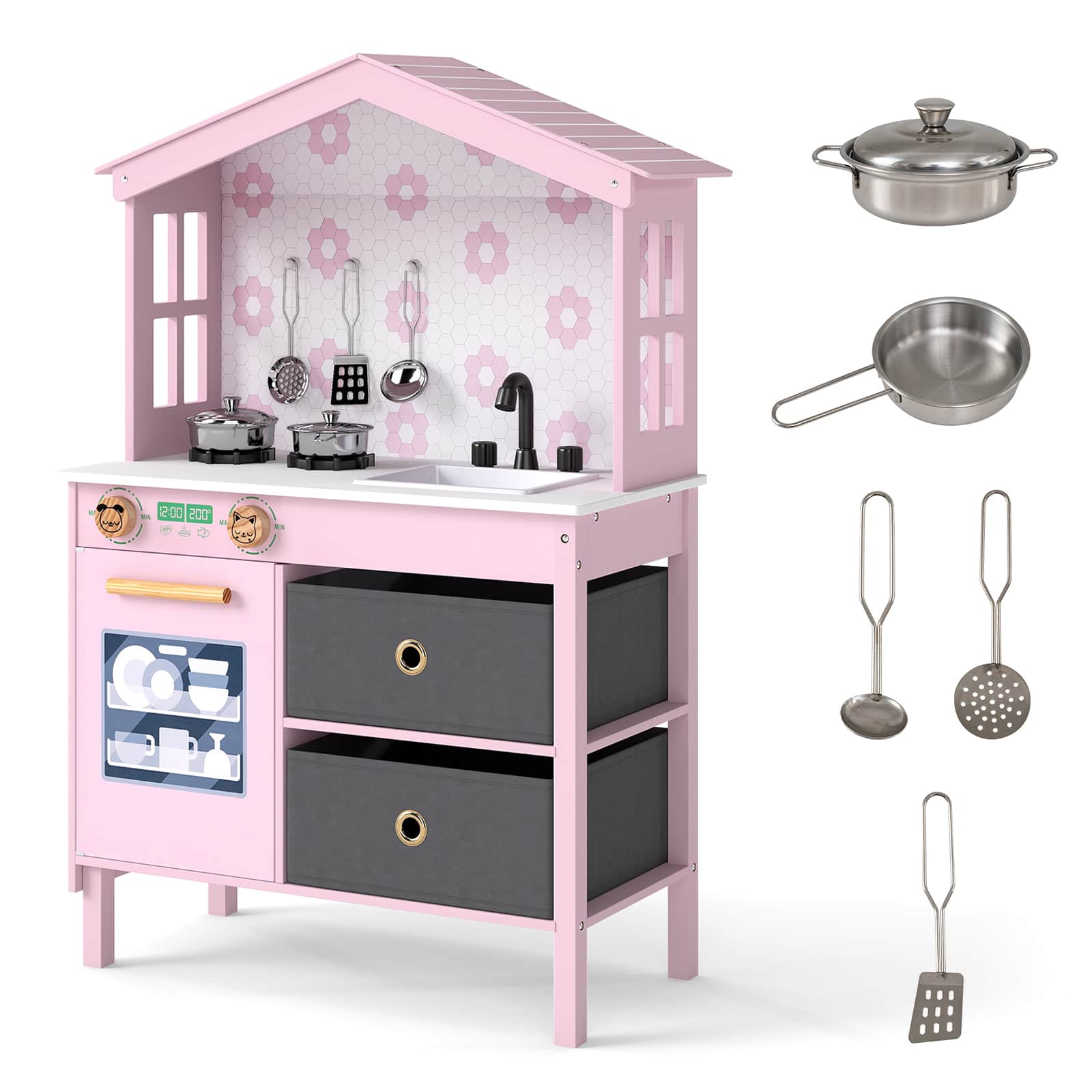 Gymax - Kids Play Kitchen w/2 Stoves Rotation Knobs Faucet Sink Dishwasher Drawers - Pink