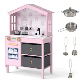 Gymax - Kids Play Kitchen w/2 Stoves Rotation Knobs Faucet Sink Dishwasher Drawers - Pink