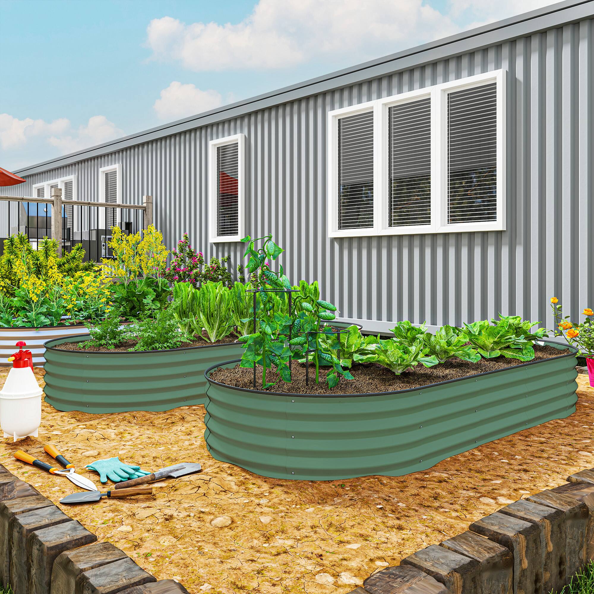 Alt View 1. Outsunny - 2PCS Galvanized Raised Garden Bed, 7' x 3' x 1' Raised Beds for Gardening with Plant Support Stakes - Green.