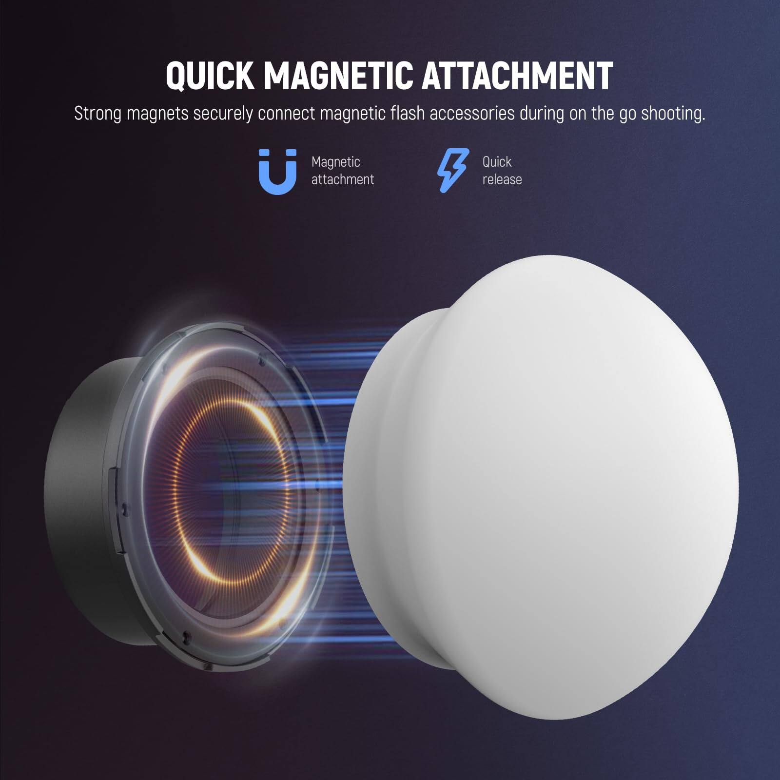 QUICK MAGNETIC ATTACHMENT  
Strong magnets securely connect magnetic flash accessories during on-the-go shooting.  

Magnetic attachment  
Quick release