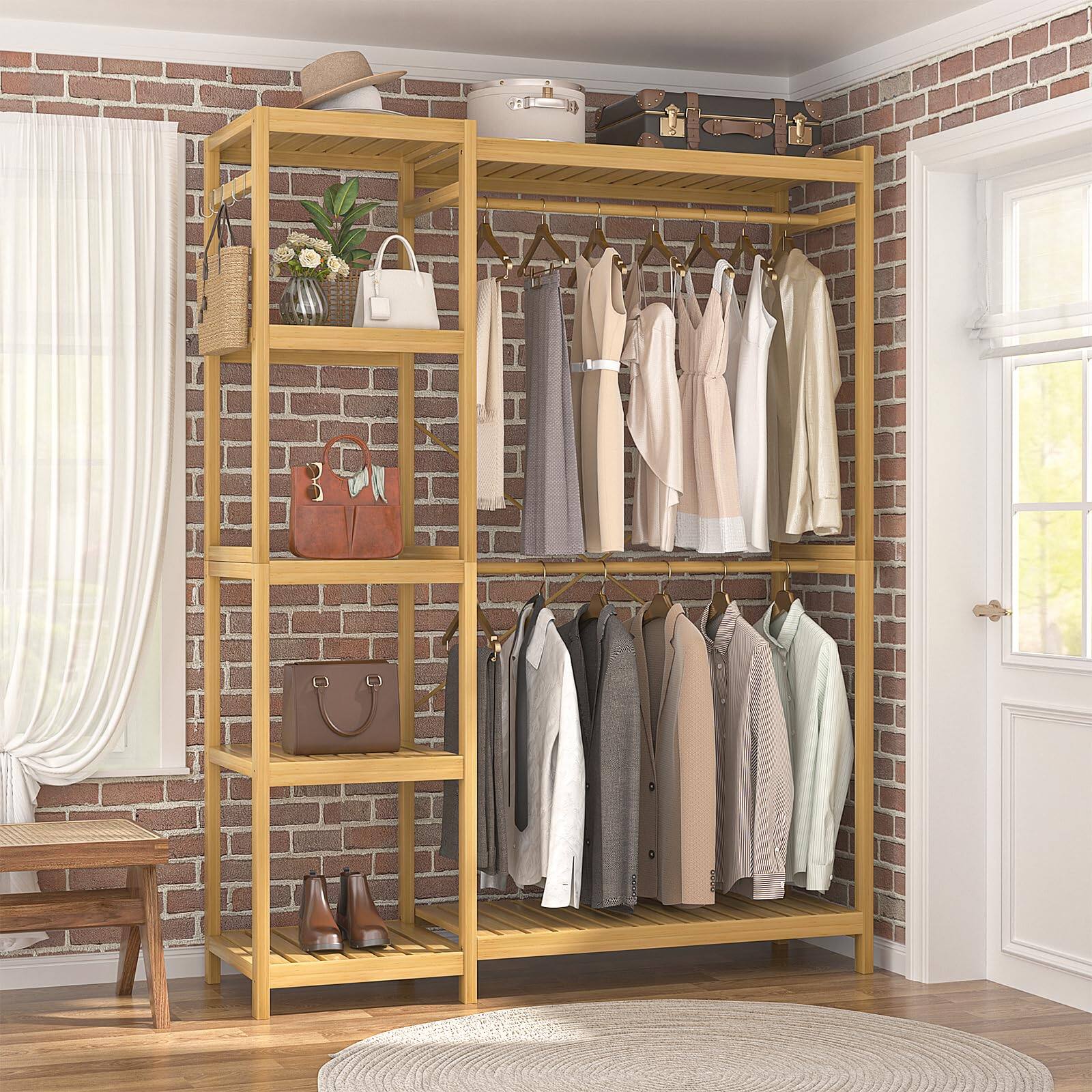 Alt View 4. Aheaplus - Heavy Duty Bamboo Garment Rack: Double Rods, 7 Adjustable Shelves, 4 Hooks - Freestanding Closet Organizer - Natural.