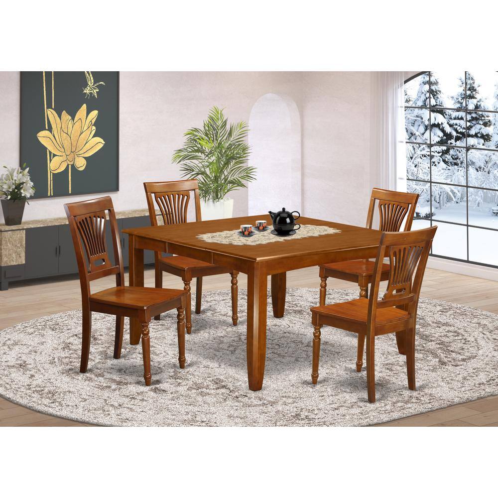 Back. East West Furniture - 5 Pc Dining room set-Square Table that has an Leaf and 4 Dining Chairs - Saddle Brown.