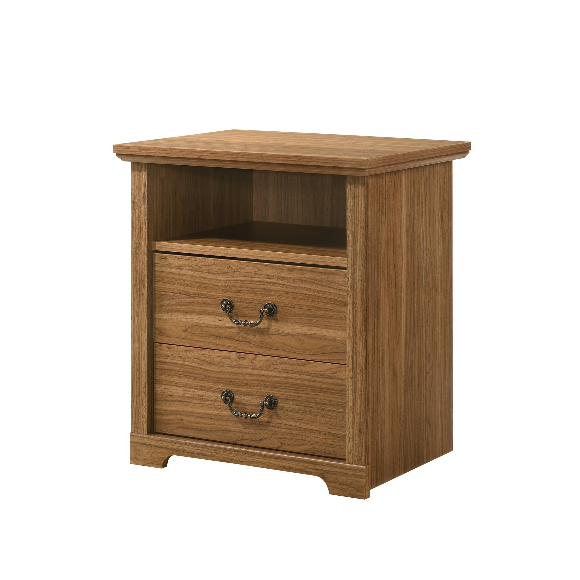 Back. Vaczon - Rustic Walnut Nightstand Bedside Table with Open Shelf and 2 Drawers - Walnut.