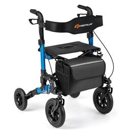 Costway - Rollator Walker for Seniors with Seat Mesh Backrest Spring Suspension Cane Holder - Blue + Black