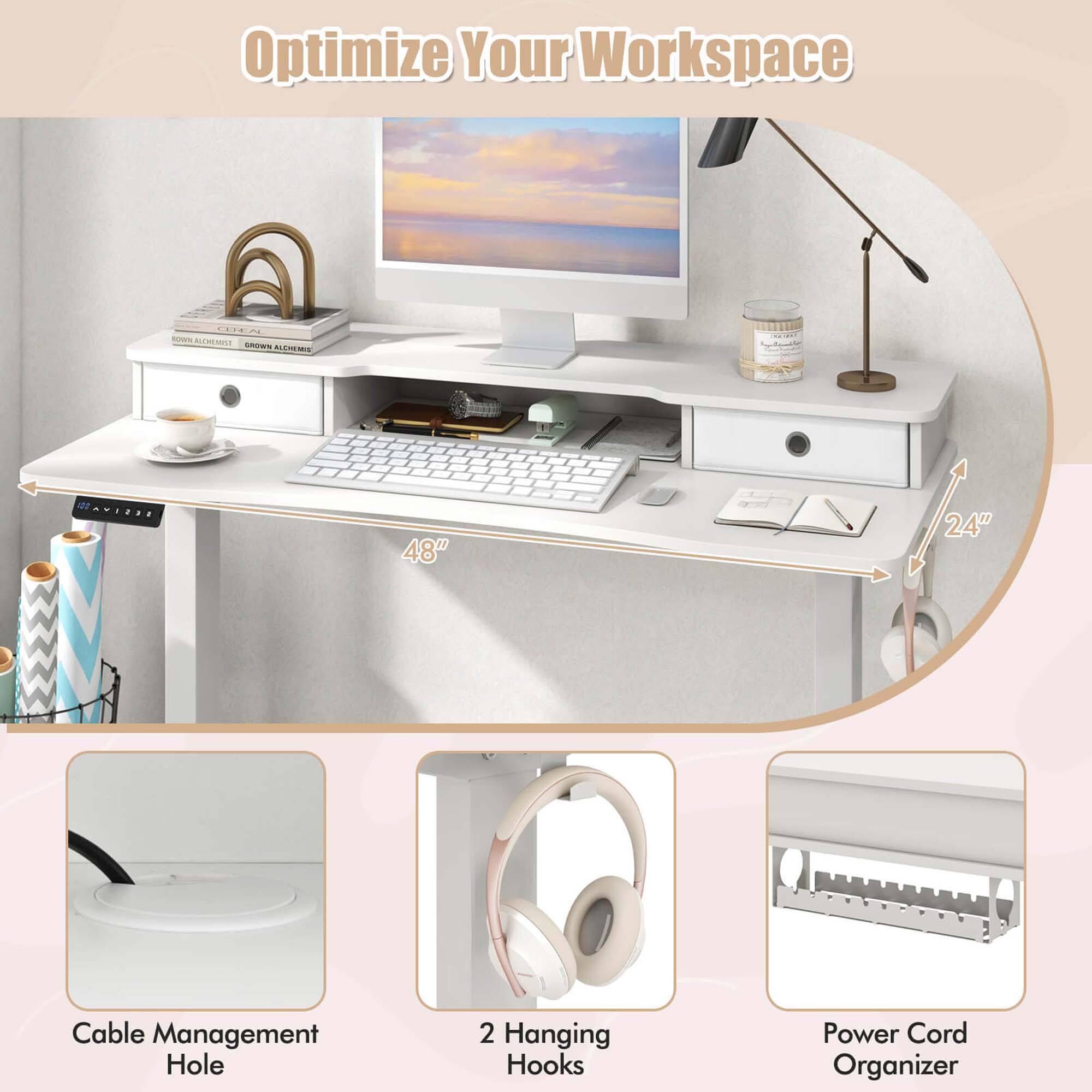Optimize Your Workspace

- 48" x 24" Cable Management Hole
- 2 Hanging Hooks
- Power Cord Organizer