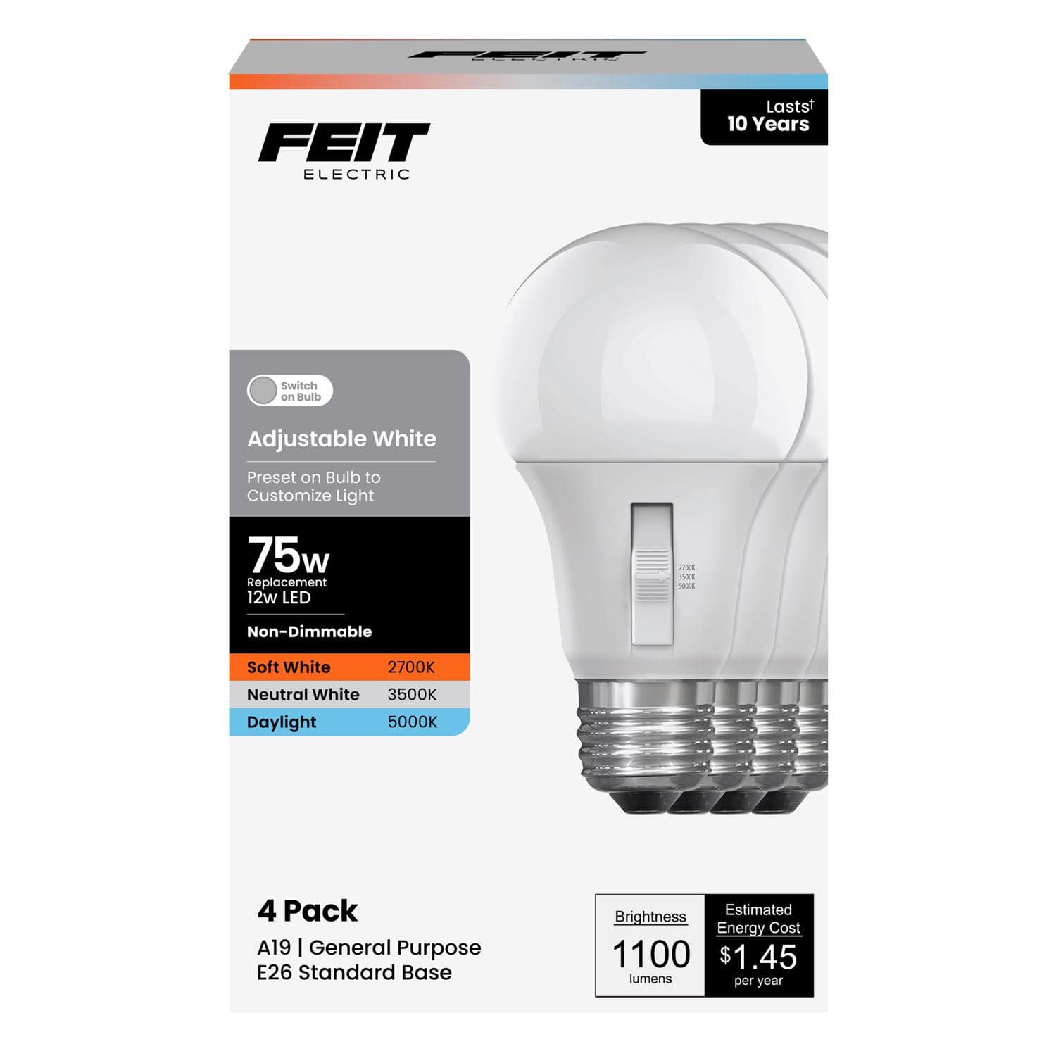 FEIT ELECTRIC - Feit A19 E26 (Medium) LED Bulb Adjustable White 75 Watt Equivalence 4 pk