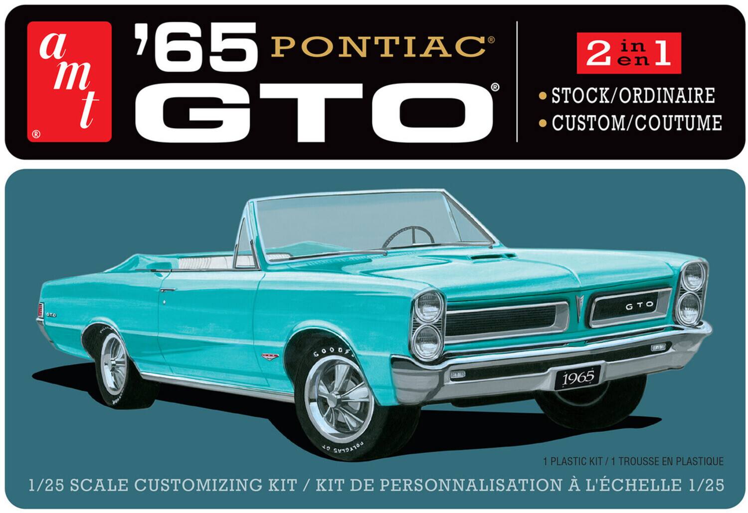 a 165 PONTIAC '65 GTO  
2 en 1  
STOCK/ORDINAIRE  
CUSTOM/COUTUME  
1/25 SCALE CUSTOMIZING KIT / KIT DE PERSONNALISATION À L'ÉCHELLE 1/25  
1 PLASTIC KIT / 1 TROUSSE EN PLASTIQUE