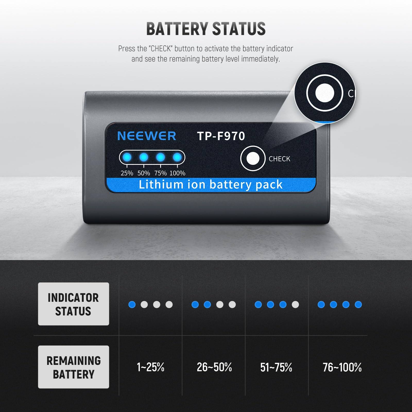 BATTERY STATUS  
Press the "CHECK" button to activate the battery indicator and see the remaining battery level immediately.  

NEEWER TP-F970  
CHECK  
25% 50% 75% 100%  
Lithium ion battery pack  

INDICATOR STATUS  
REMAINING BATTERY  
1~25% 26~50% 51~75% 76~100%