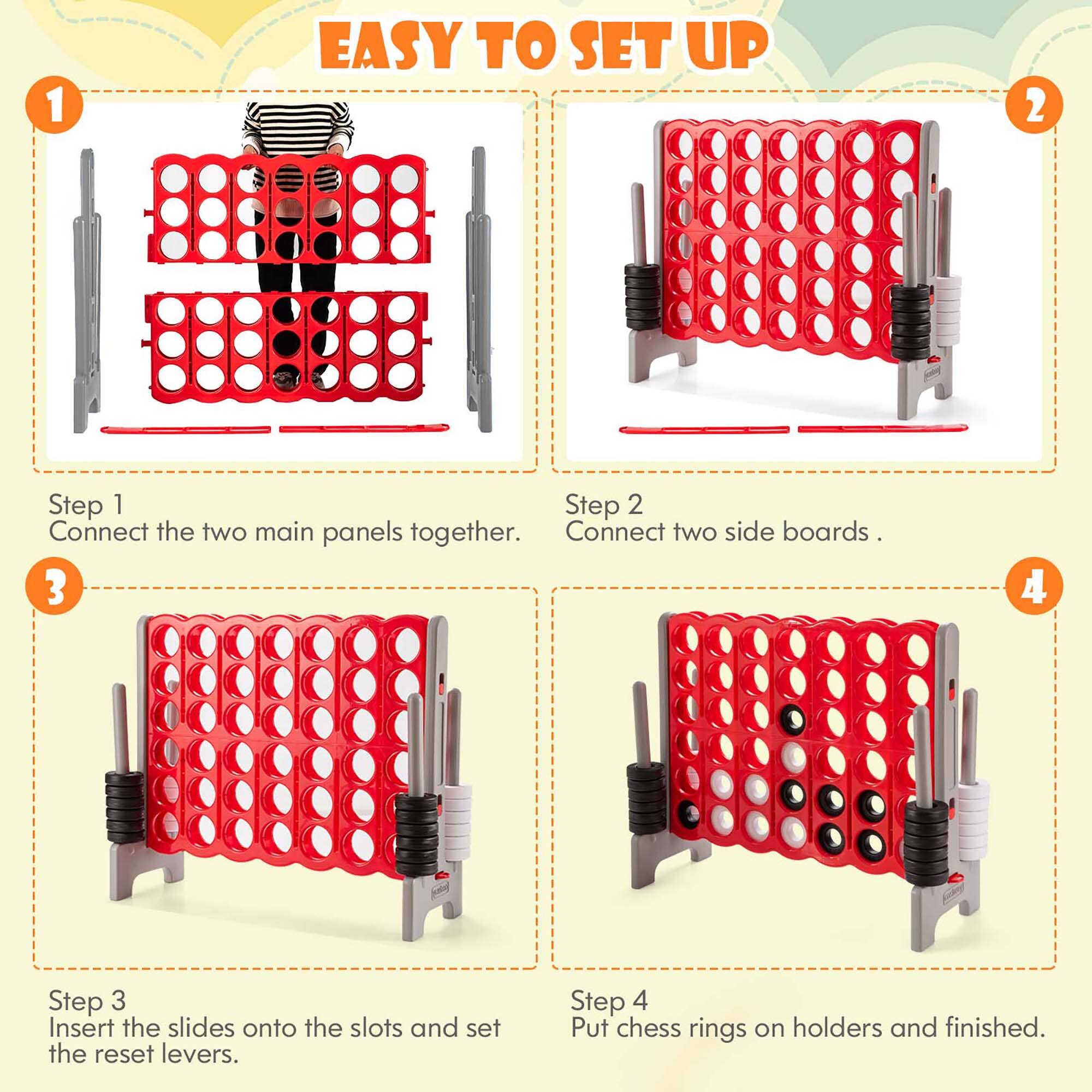 1. EASY TO SET UP

Step 1
Connect the two main panels together.

Step 2
Connect two side boards.

Step 3
Insert the slides onto the slots and set the reset levers.

Step 4
Put chess rings on holders and finished.