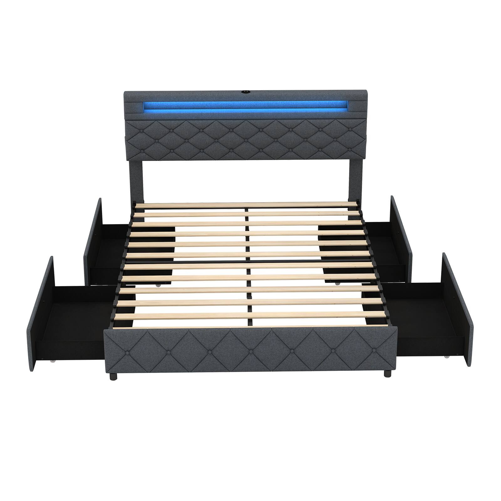 Alt View 5. LUCKY ONE - Queen Assembled Platform Bed Frame with Adjustable Storage Headboard USB Wooden Slats - Grey-Queen.