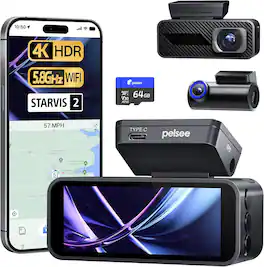pelsee - 4K Dual Dash Cam Front/Rear, STARVIS 2, Full-Color Night Vision, 64GB Card, ADAS, GPS, WiFi, 24H Parking Mode - Black