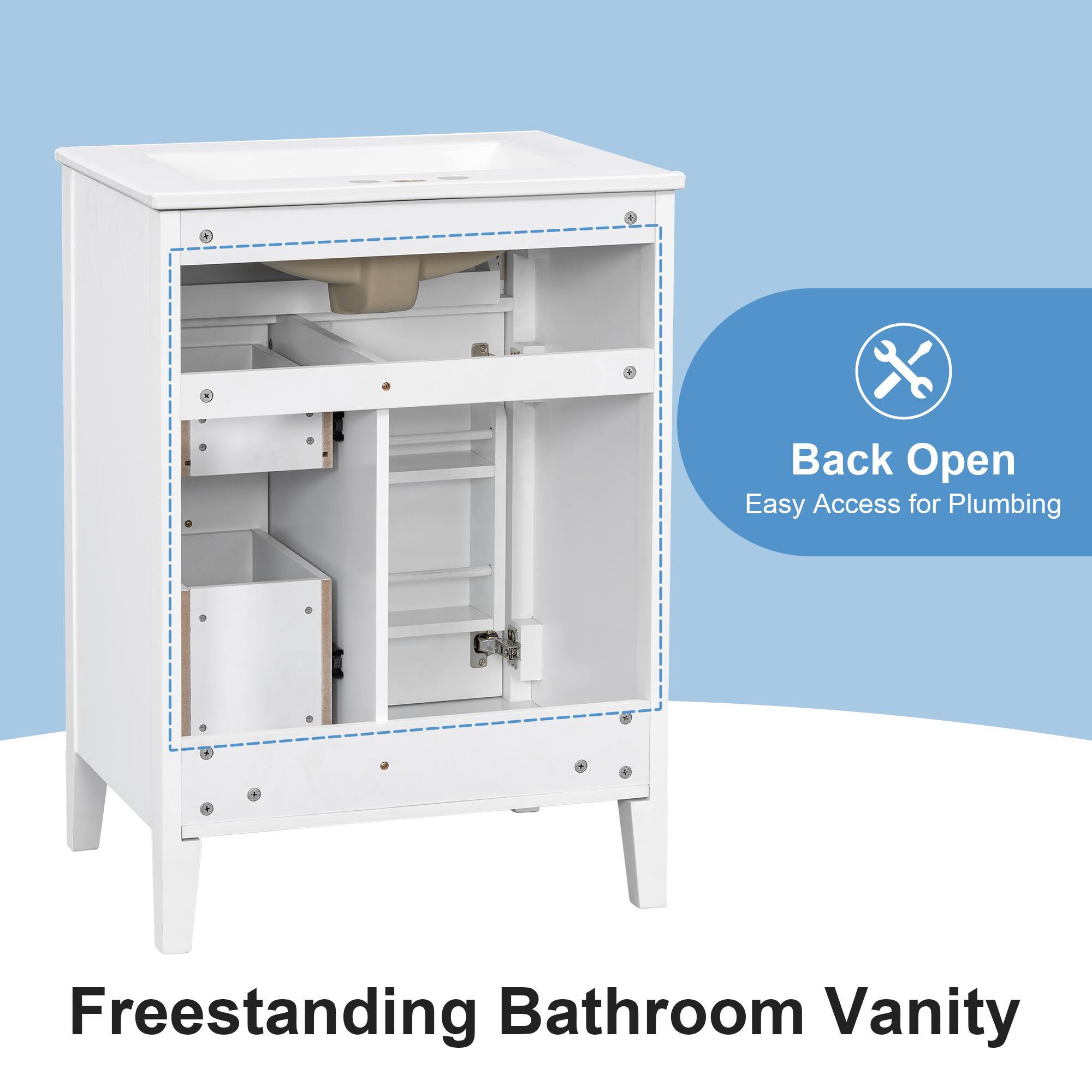 Back Open Easy Access for Plumbing  
Freestanding Bathroom Vanity