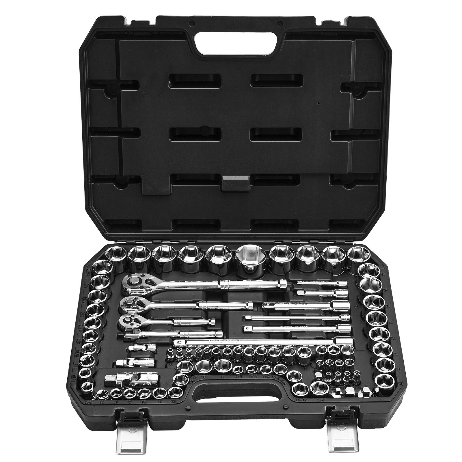 Front. VEVOR - Socket Set, 86 Pieces, 3/8 & 1/4 & 1/2 inch Drive Socket and Ratchet Set, SAE and Metric, Mechanic Tool Kit with Wrench - Black+Sliver.