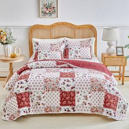 PARKER SLATER - 3 Pieces Floral Patchwork Quilt Set Queen Blue N White Flowers Design Soft Cozy Microfiber Bedspread Bed Cover For - Burgundy Red-Twin-68"x86"
