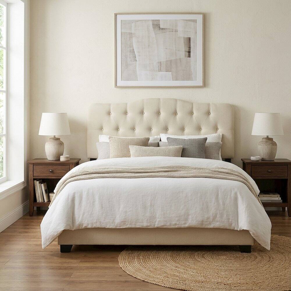 Left. FurniFact - Upholstered Queen Fabric Headboard with Padded Design and Sturdy Construction - Beige.