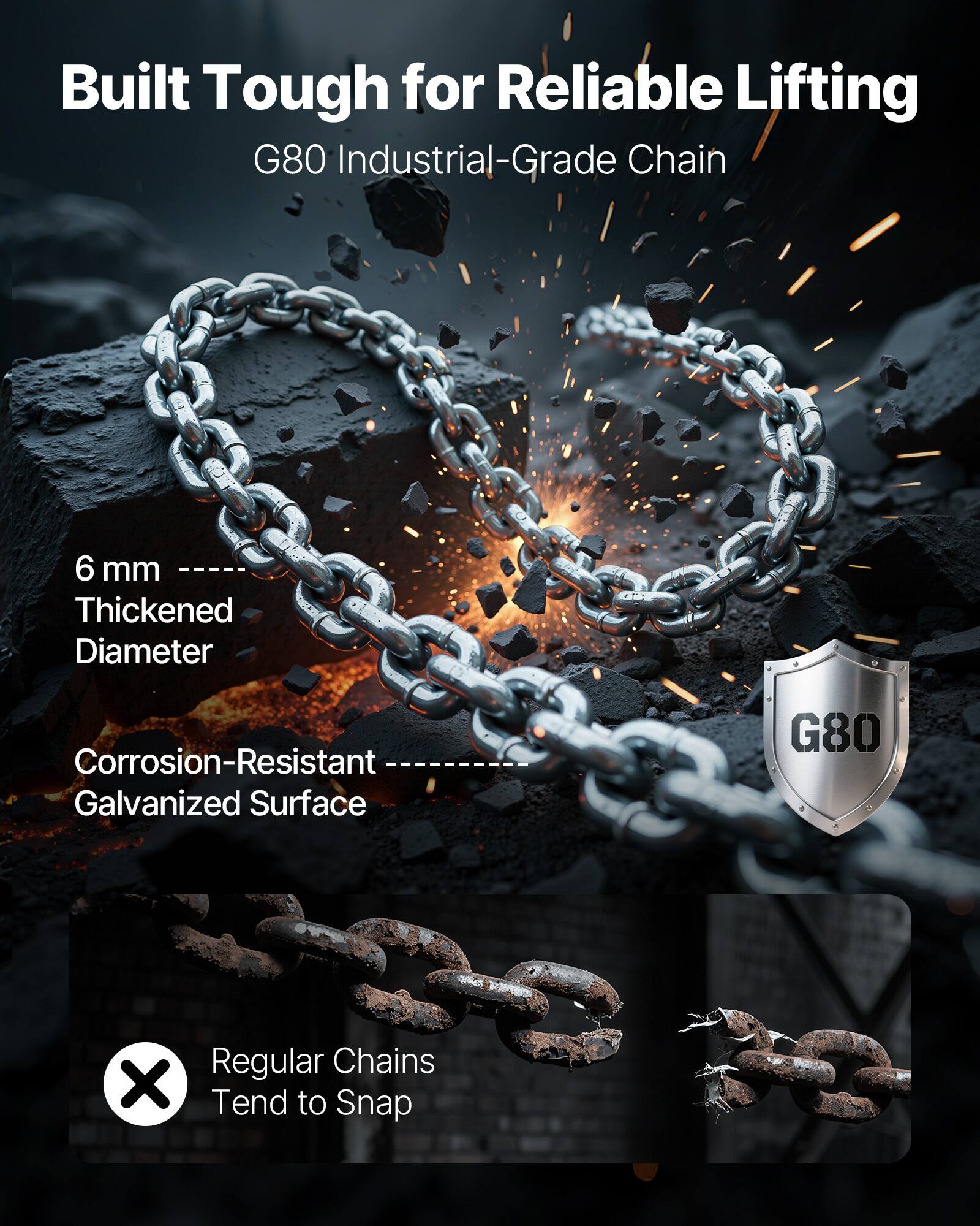 Built Tough for Reliable Lifting  
G80 Industrial-Grade Chain  

6 mm  
Thickened Diameter  

Corrosion-Resistant  
Galvanized Surface  

Regular Chains Tend to Snap