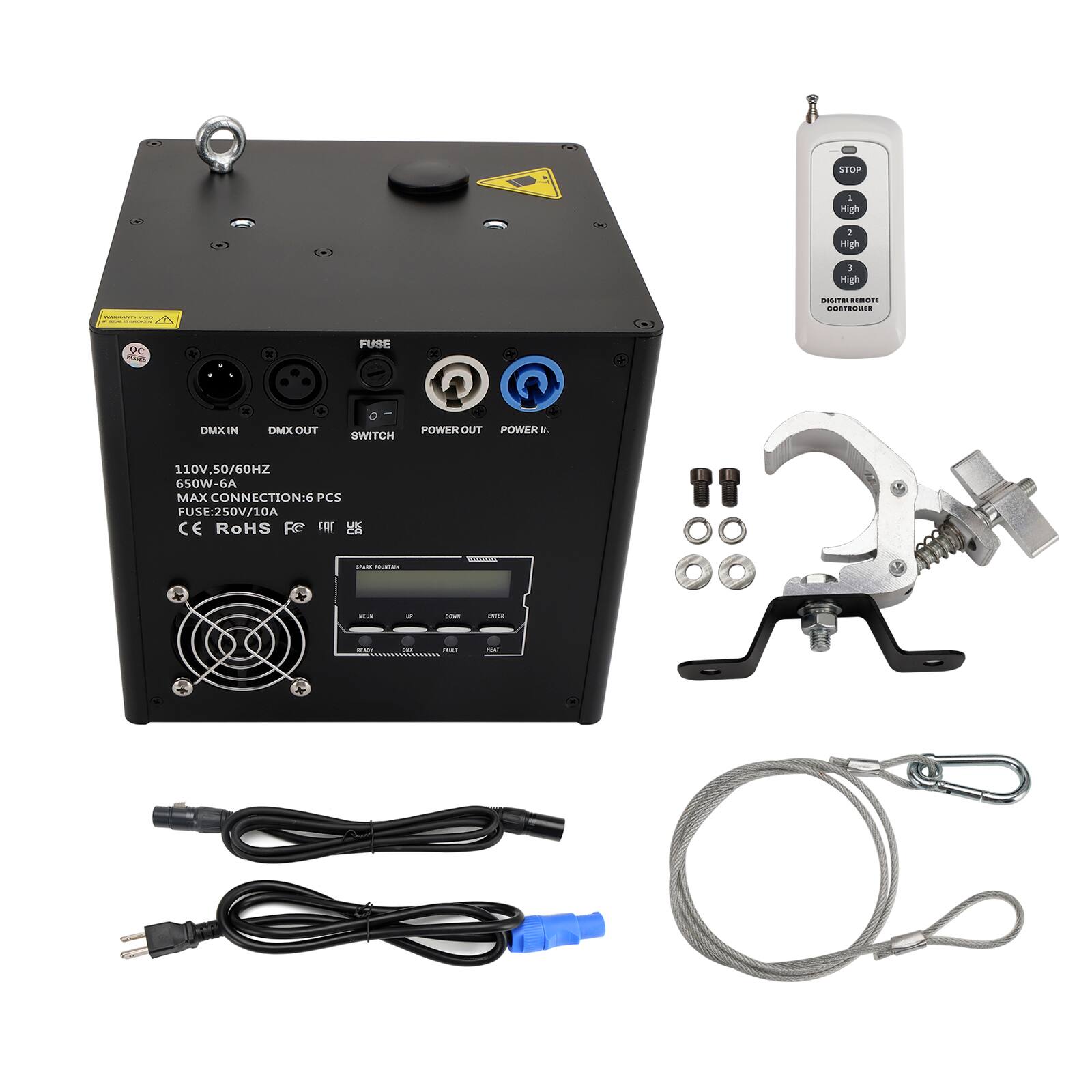 SEOP I High 1 High 1 High  
n- CITU DC Se - FUSE ee DMX IN DMX OUT SWITCH POWER OUT POWER 110V. 110V.50/60HZ 650W-6A MAX CONNECTION-6 PCS FUSE:250V/10A Er UK CE RoHS  

- STOP  
- 1 High  
- 2 High  
- 3 High  
- DIGITAL REMOTE CONTROL