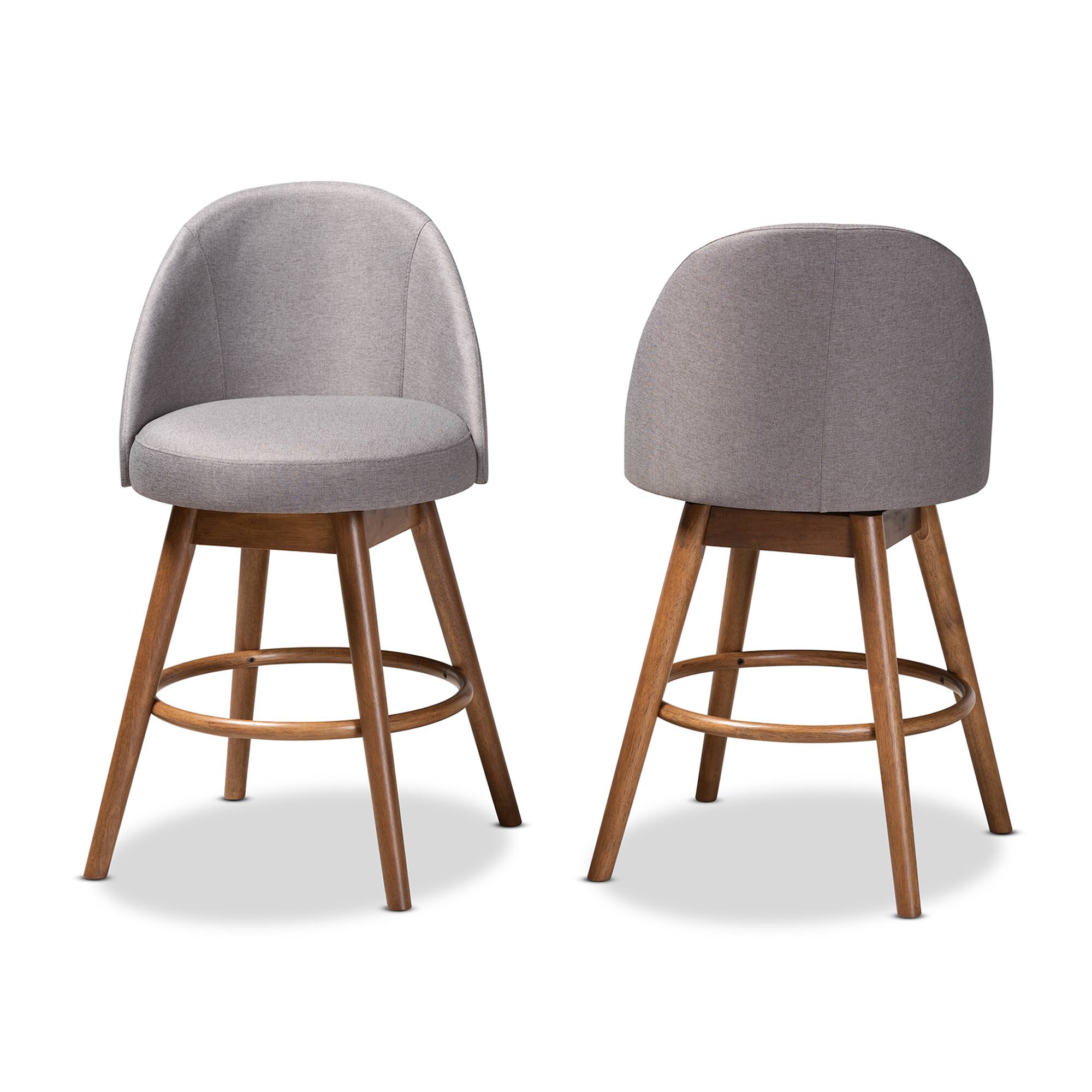 Angle. Baxton Studio - Carra Mid-Century Modern Fabric Upholstered Walnut-Finished Wood Swivel Counter Stool Set - Gray.