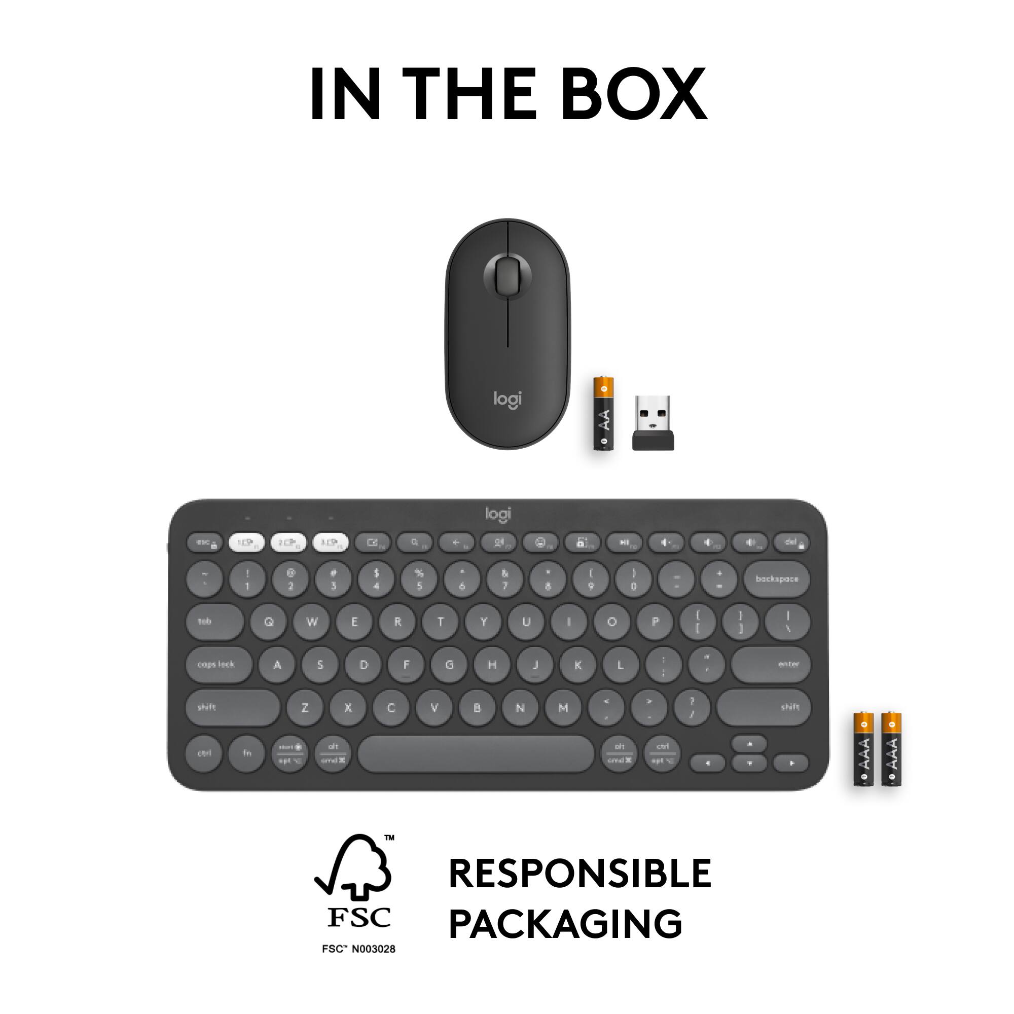 In the box, you'll find a Logitech keyboard, a mouse, and a USB cable. The keyboard is designed with a compact layout, featuring a caps lock key and a shift key. The mouse is a wireless device that comes with a USB cable for charging and connecting to a computer. The packaging is made from responsible materials, as indicated by the FSC logo.