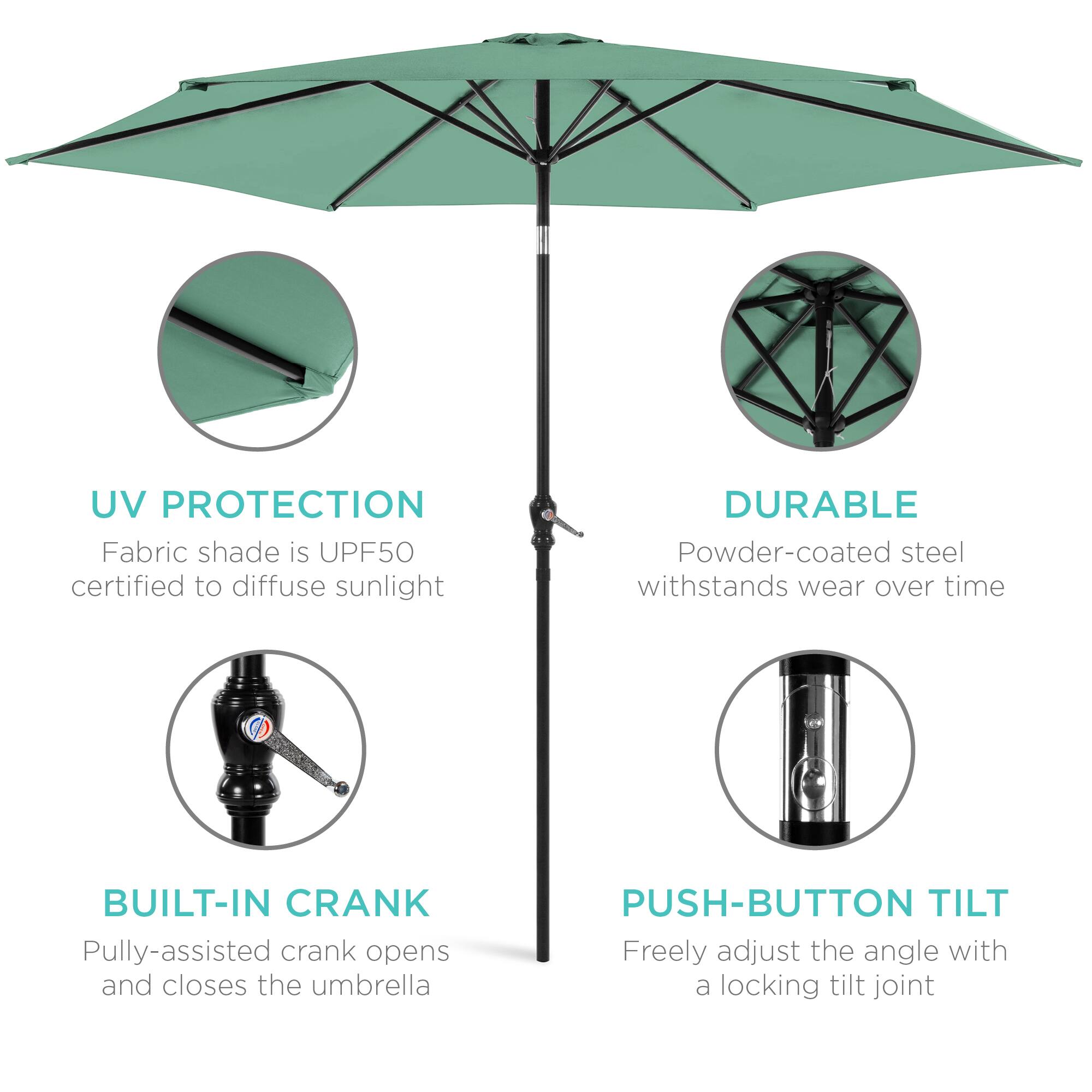 - **UV PROTECTION**  
  Fabric shade is UPF50 certified to diffuse sunlight

- **DURABLE**  
  Powder-coated steel withstands wear over time

- **BUILT-IN CRANK**  
  Pulley-assisted crank opens and closes the umbrella

- **PUSH-BUTTON TILT**  
  Freely adjust the angle with a locking tilt joint