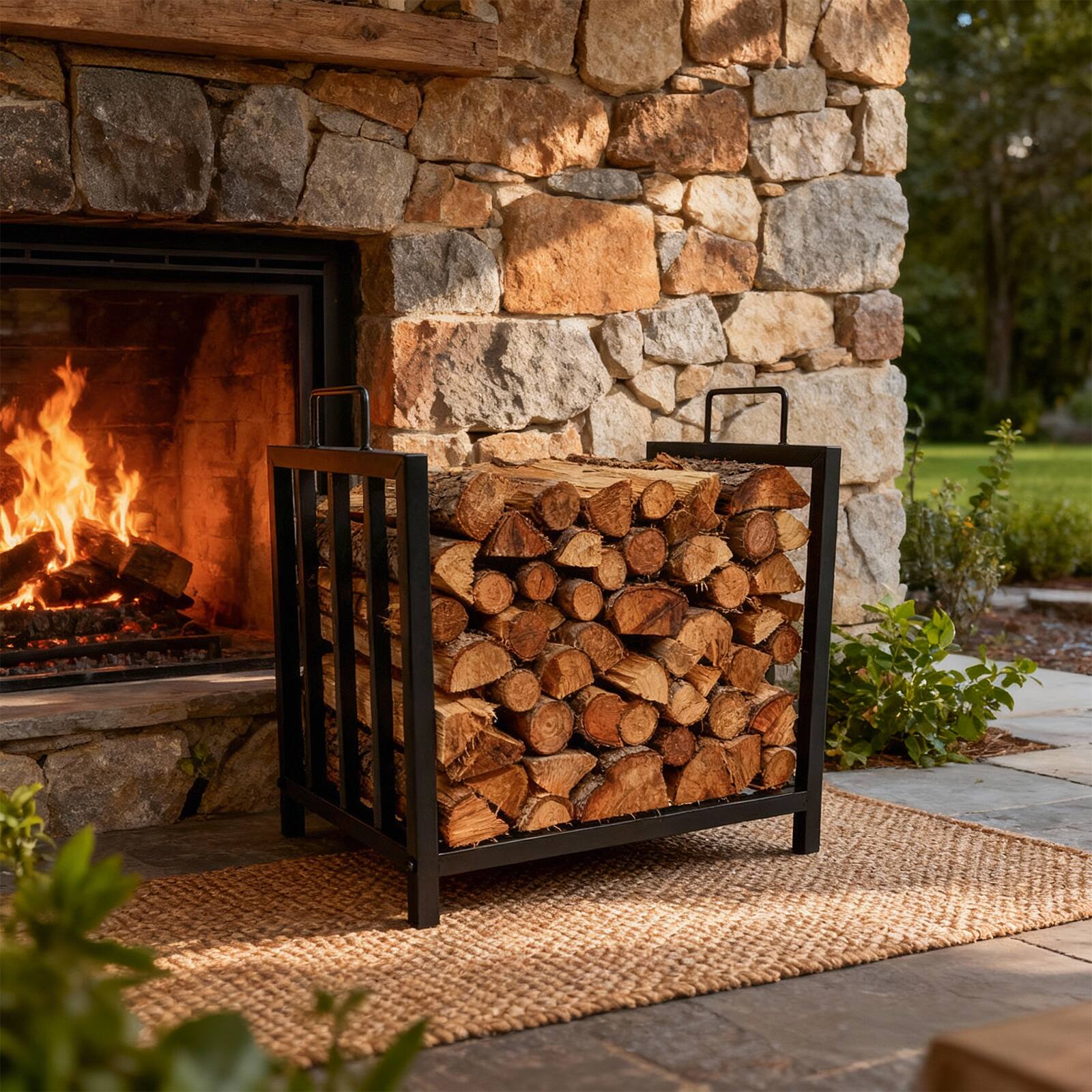 Front. GARVEE - 17" Small Firewood Rack Outdoor, Heavy Duty Indoor Log Holder with Handles, Decorative Fire Wood Storage Stand, Black - Black.