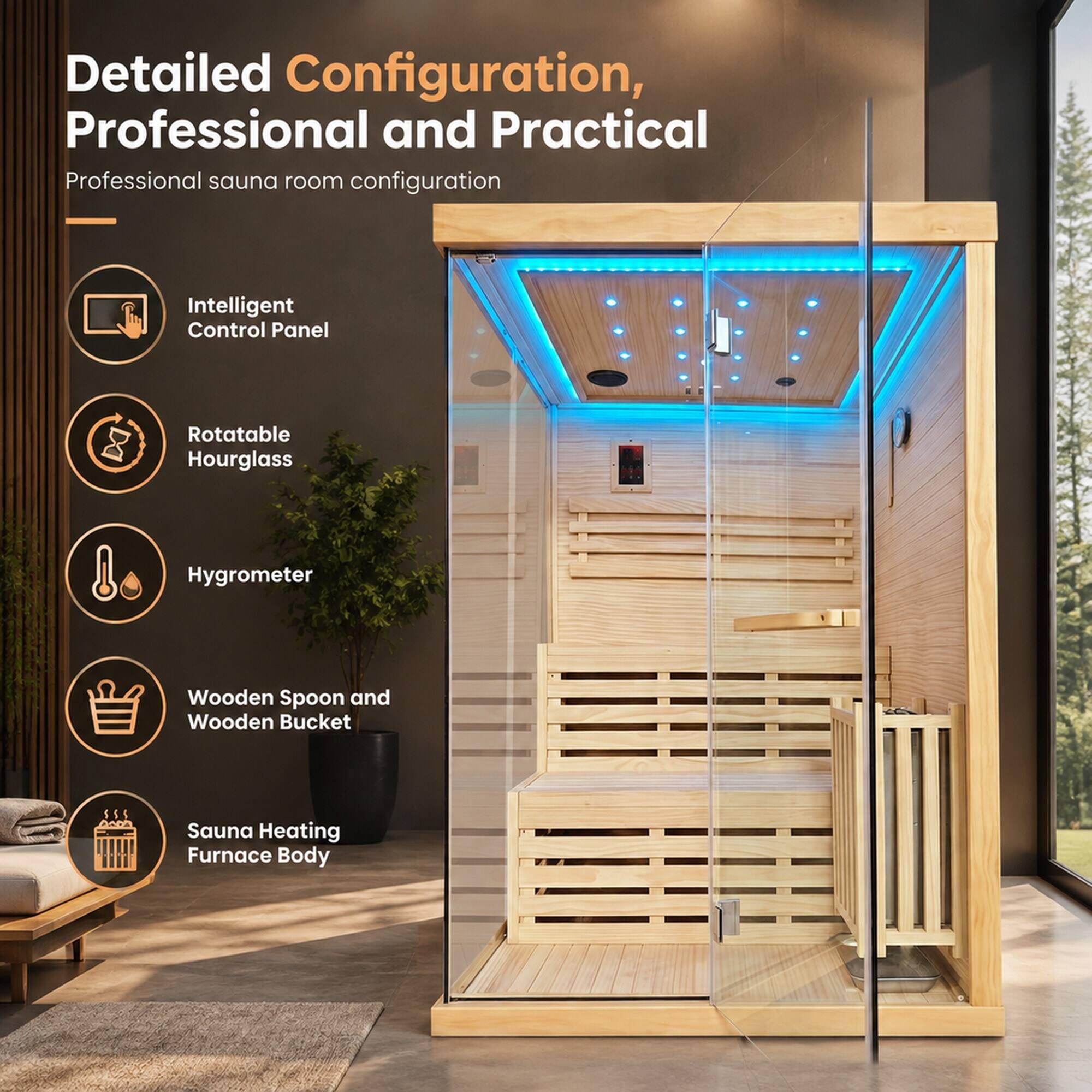 Detailed Configuration, Professional and Practical  
Professional sauna room configuration

- Intelligent Control Panel
- Rotatable Hourglass
- Hygrometer
- Wooden Spoon and Wooden Bucket
- Sauna Heating Furnace Body